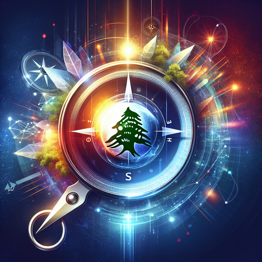 Navigating SEO in Lebanon: Strategies for Success 1 Futuristic compass with tree emblem at center, surrounded by vibrant, colorful lights and geometric shapes.
